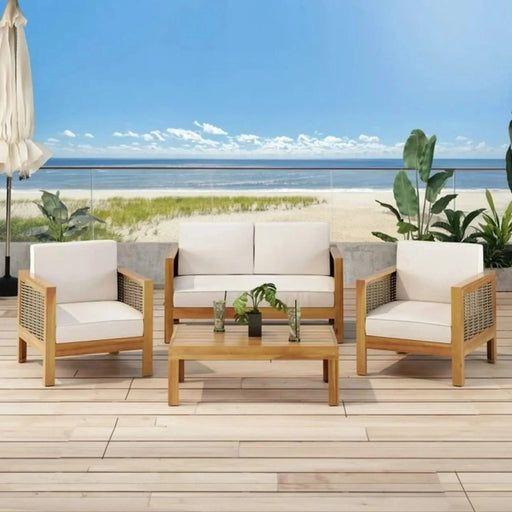 Outdoor 4 Seater Acacia Wood Chat Set with Wicker Accents and Cushions, Teak Finish + Mixed Brown + Beige Default -DTYStore