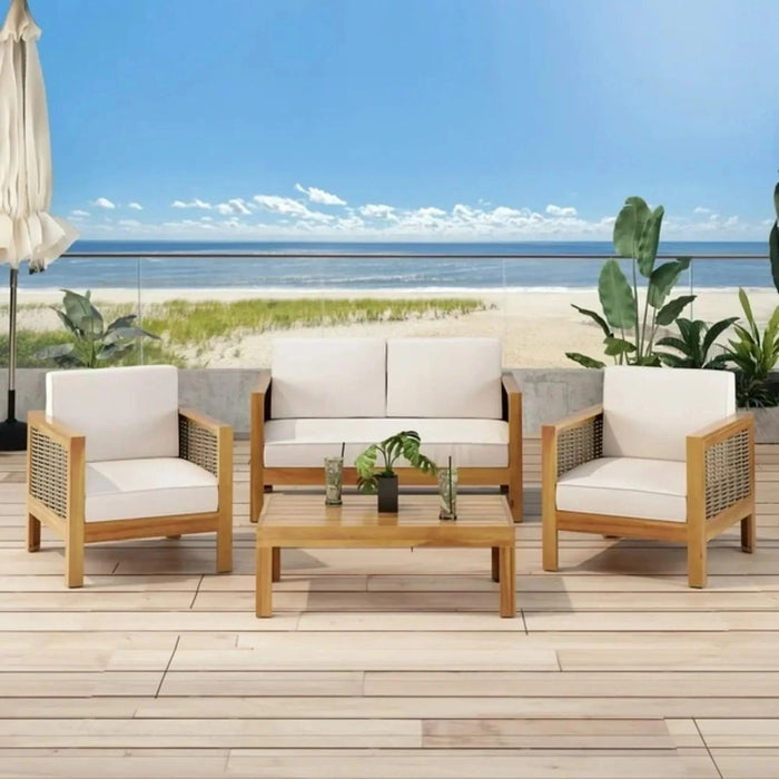 Outdoor 4 Seater Acacia Wood Chat Set with Wicker Accents and Cushions, Teak Finish + Mixed Brown + Beige Default -DTYStore