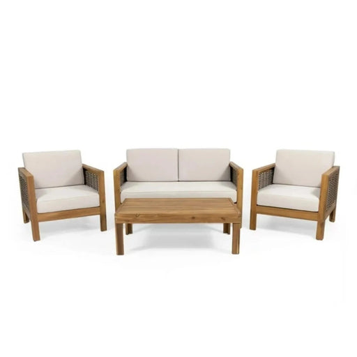 Outdoor 4 Seater Acacia Wood Chat Set with Wicker Accents and Cushions, Teak Finish + Mixed Brown + Beige Default -DTYStore