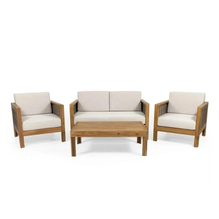 Outdoor 4 Seater Acacia Wood Chat Set with Wicker Accents and Cushions, Teak Finish + Mixed Brown + Beige Default -DTYStore
