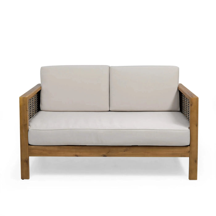 Outdoor 4 Seater Acacia Wood Chat Set with Wicker Accents and Cushions, Teak Finish + Mixed Brown + Beige Default -DTYStore