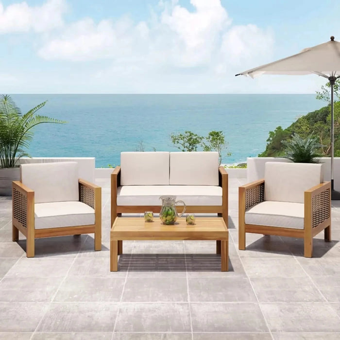 Outdoor 4 Seater Acacia Wood Chat Set with Wicker Accents and Cushions, Teak Finish + Mixed Brown + Beige Default -DTYStore