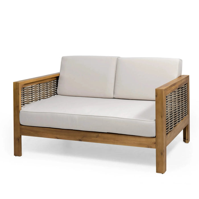 Outdoor 4 Seater Acacia Wood Chat Set with Wicker Accents and Cushions, Teak Finish + Mixed Brown + Beige Default -DTYStore