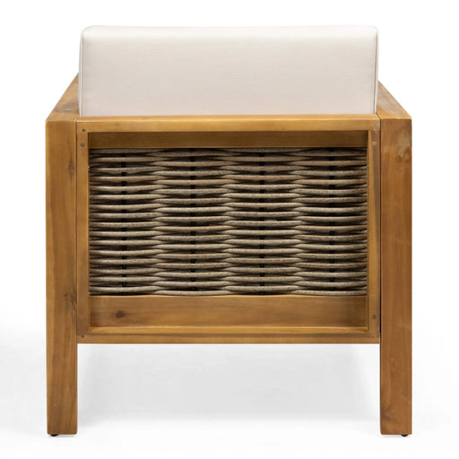 Outdoor 4 Seater Acacia Wood Chat Set with Wicker Accents and Cushions, Teak Finish + Mixed Brown + Beige Default -DTYStore