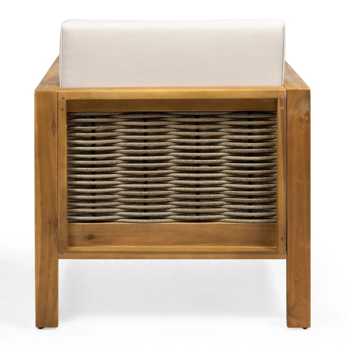 Outdoor 4 Seater Acacia Wood Chat Set with Wicker Accents and Cushions, Teak Finish + Mixed Brown + Beige Default -DTYStore