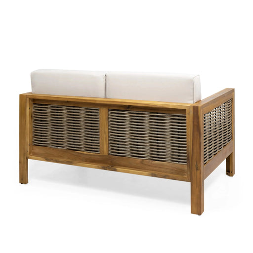 Outdoor 4 Seater Acacia Wood Chat Set with Wicker Accents and Cushions, Teak Finish + Mixed Brown + Beige Default -DTYStore