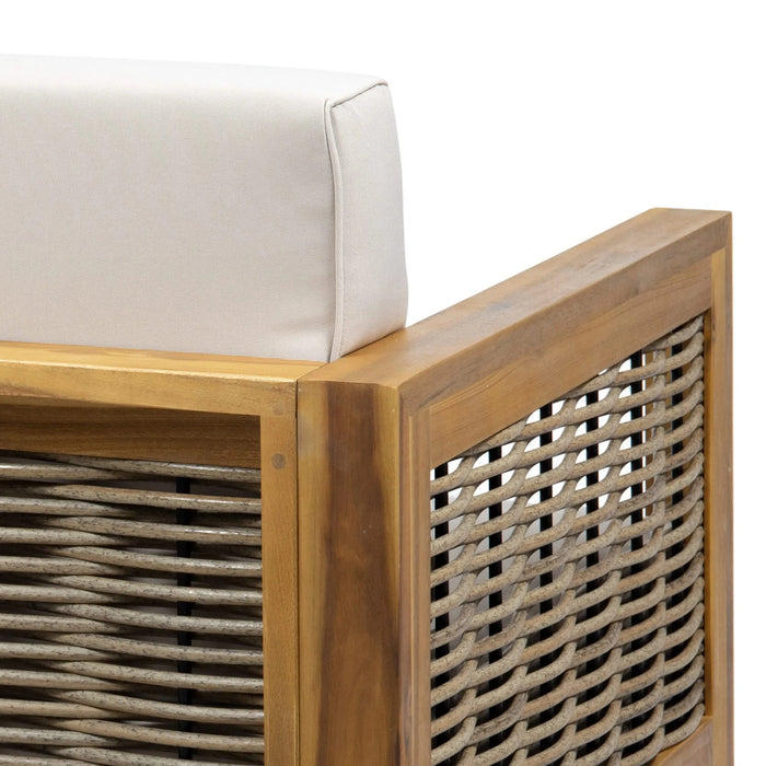 Outdoor 4 Seater Acacia Wood Chat Set with Wicker Accents and Cushions, Teak Finish + Mixed Brown + Beige Default -DTYStore