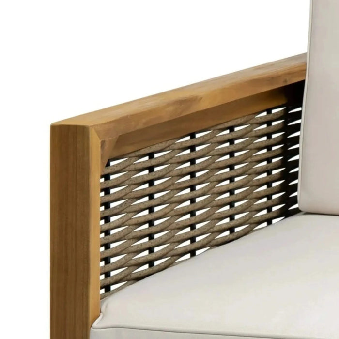 Outdoor 4 Seater Acacia Wood Chat Set with Wicker Accents and Cushions, Teak Finish + Mixed Brown + Beige Default -DTYStore