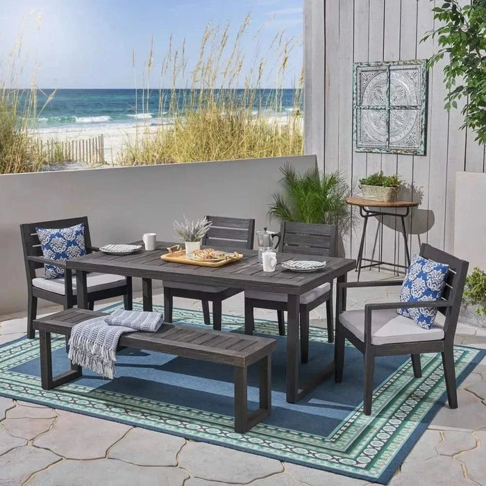 Outdoor 6-Seater Acacia Wood Dining Set with Bench,Dark Gray/Light Gray Default -DTYStore