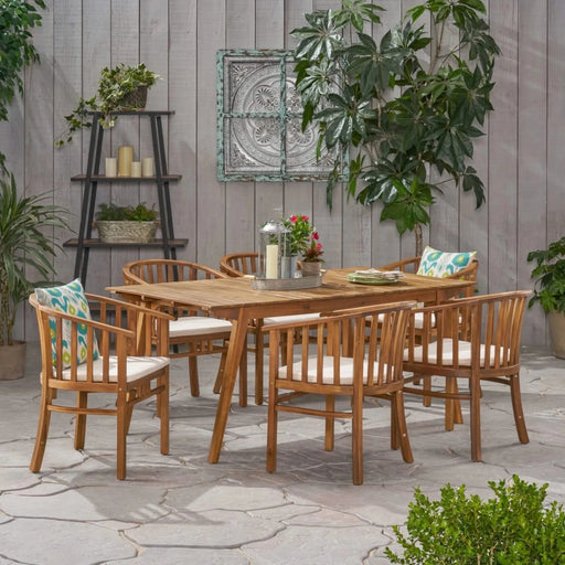 Outdoor 6 Seater Acacia Wood Dining Set with Cushions in Teak Finish and Cream Color Default -DTYStore