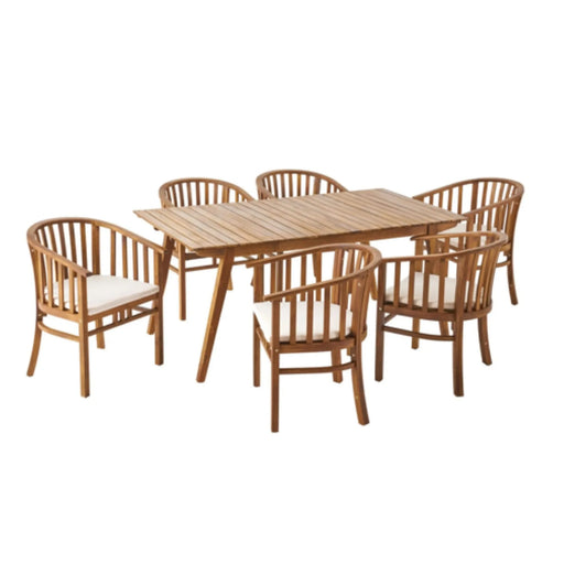Outdoor 6 Seater Acacia Wood Dining Set with Cushions in Teak Finish and Cream Color Default -DTYStore