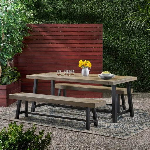 Outdoor Acacia Wood 3 Piece Picnic Dining Set, Modern Industrial Design, Gray and Rustic Metal Default -DTYStore