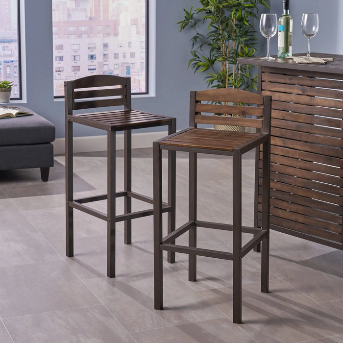Outdoor Acacia Wood Barstool with Slat Panel Design, Set of 2, Dark Brown Default -DTYStore