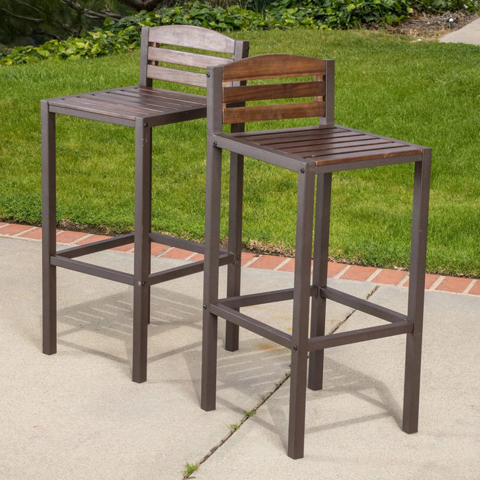 Outdoor Acacia Wood Barstool with Slat Panel Design, Set of 2, Dark Brown Default -DTYStore