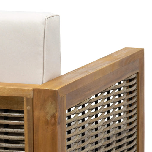 Outdoor Acacia Wood Club Chair with Wicker Accents, Teak Finish + Mixed Brown + Beige, 30.25'D x 27.5'W x 23.75'H Default -DTYStore