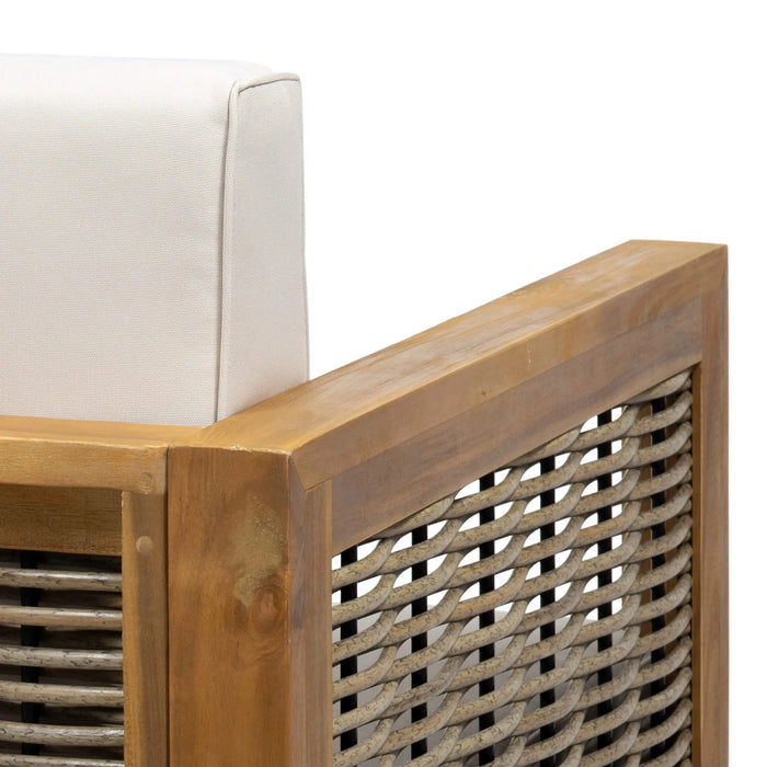 Outdoor Acacia Wood Club Chair with Wicker Accents, Teak Finish + Mixed Brown + Beige, 30.25'D x 27.5'W x 23.75'H Default -DTYStore