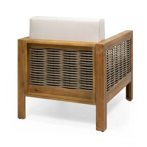 Outdoor Acacia Wood Club Chair with Wicker Accents, Teak Finish + Mixed Brown + Beige, 30.25'D x 27.5'W x 23.75'H Default -DTYStore