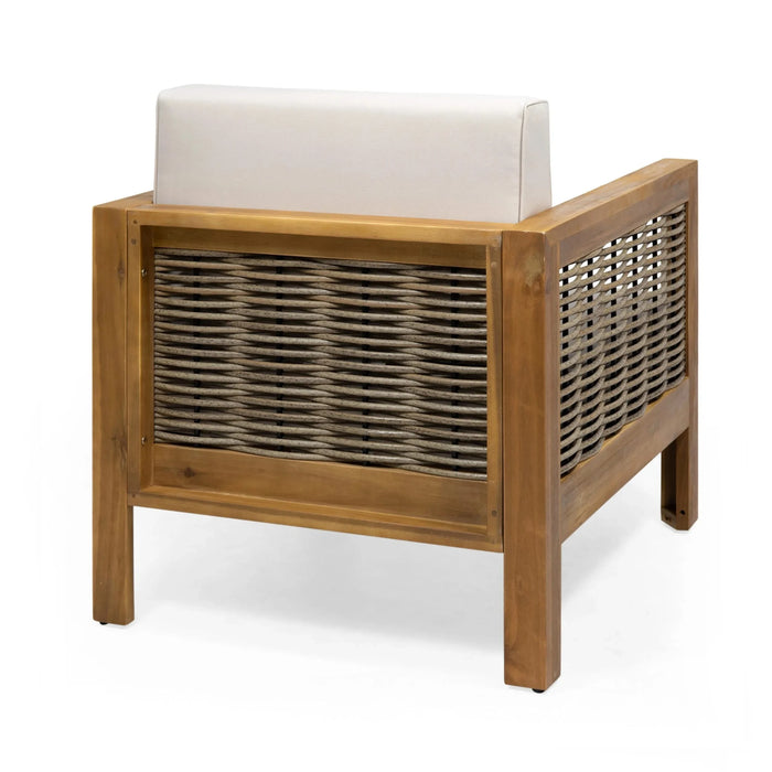 Outdoor Acacia Wood Club Chair with Wicker Accents, Teak Finish + Mixed Brown + Beige, 30.25'D x 27.5'W x 23.75'H Default -DTYStore