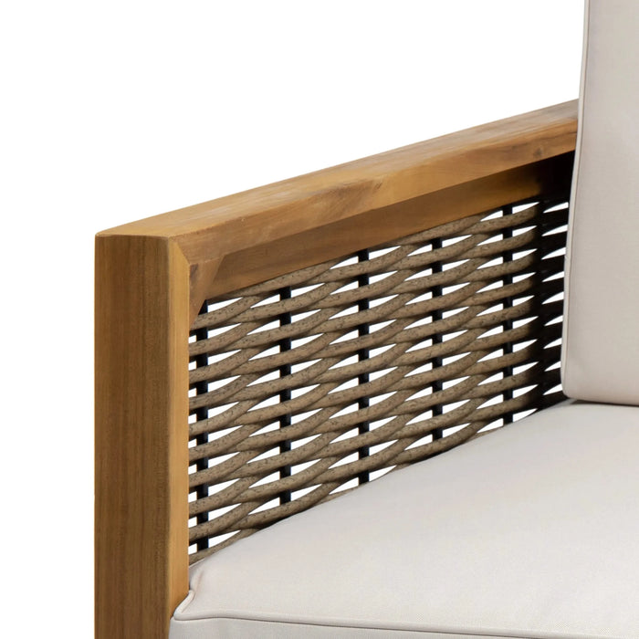 Outdoor Acacia Wood Club Chair with Wicker Accents, Teak Finish + Mixed Brown + Beige, 30.25'D x 27.5'W x 23.75'H Default -DTYStore