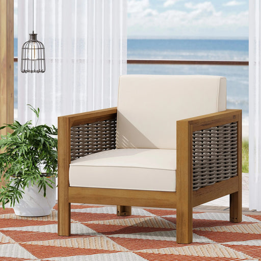 Outdoor Acacia Wood Club Chair with Wicker Accents, Teak Finish + Mixed Brown + Beige, 30.25'D x 27.5'W x 23.75'H Default -DTYStore