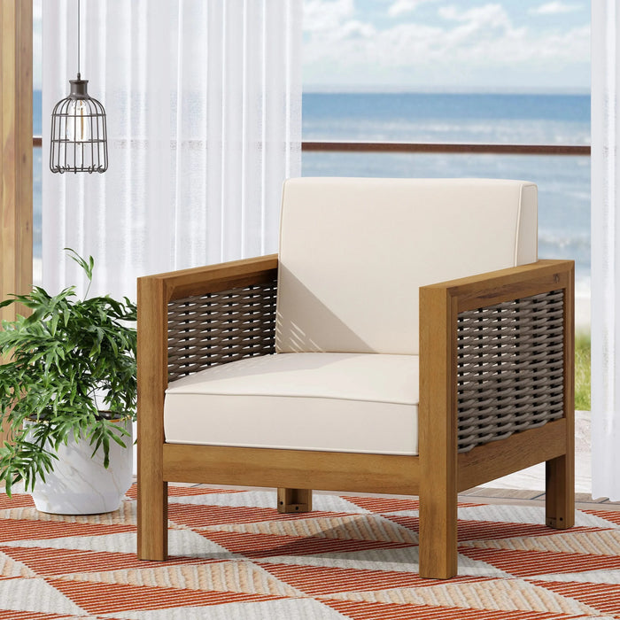 Outdoor Acacia Wood Club Chair with Wicker Accents, Teak Finish + Mixed Brown + Beige, 30.25'D x 27.5'W x 23.75'H Default -DTYStore