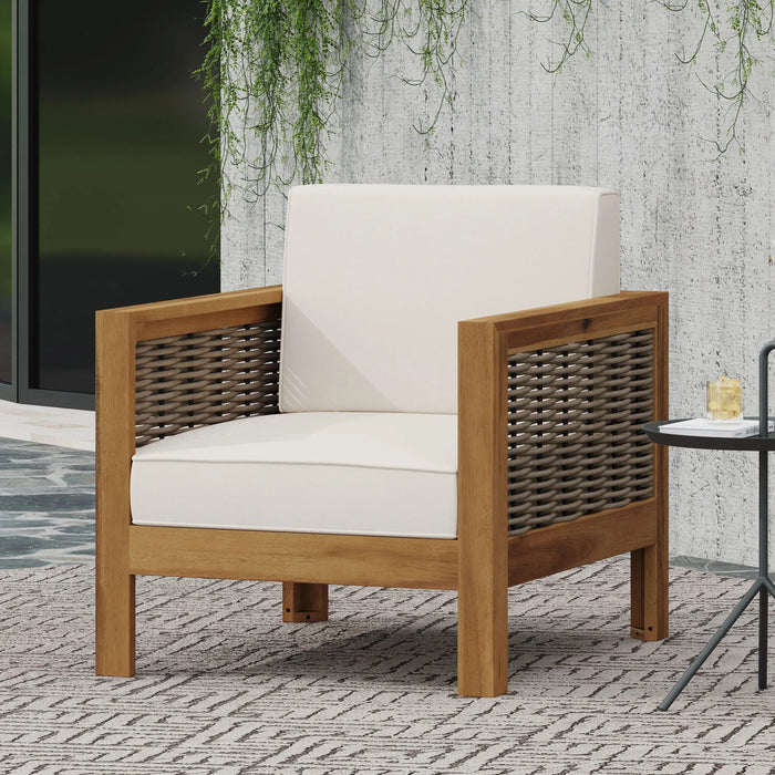 Outdoor Acacia Wood Club Chair with Wicker Accents, Teak Finish + Mixed Brown + Beige, 30.25'D x 27.5'W x 23.75'H Default -DTYStore