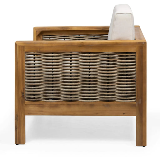 Outdoor Acacia Wood Club Chair with Wicker Accents, Teak Finish + Mixed Brown + Beige, 30.25'D x 27.5'W x 23.75'H Default -DTYStore