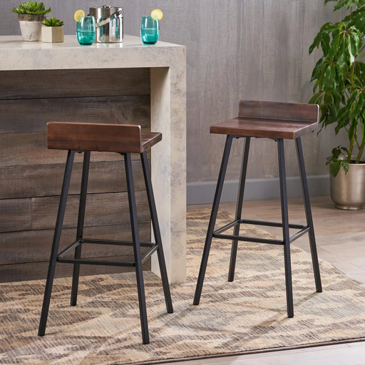 Outdoor Bar Stool with Low Backrests and Wood Seats, Set of 2, Dark Brown and Black Default -DTYStore