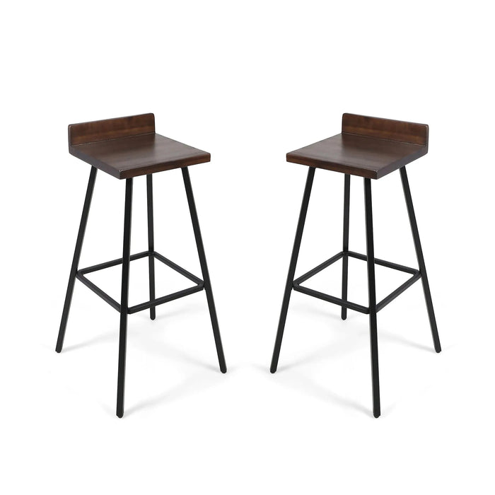 Outdoor Bar Stool with Low Backrests and Wood Seats, Set of 2, Dark Brown and Black Default -DTYStore