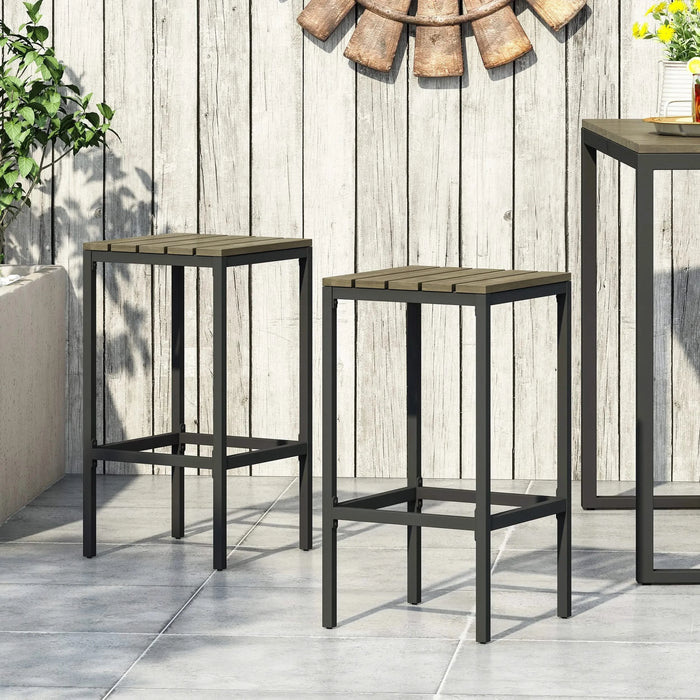 Outdoor Bar Stool with Slat Design and Metal Frame, Set of 2, Grey and Black Default -DTYStore