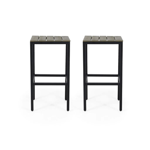 Outdoor Bar Stool with Slat Design and Metal Frame, Set of 2, Grey and Black Default -DTYStore