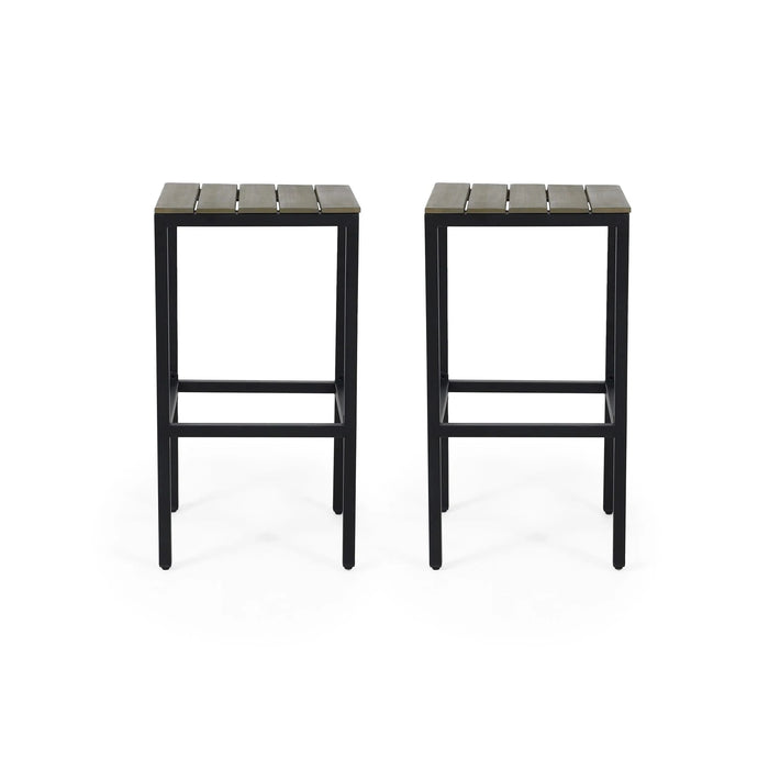 Outdoor Bar Stool with Slat Design and Metal Frame, Set of 2, Grey and Black Default -DTYStore