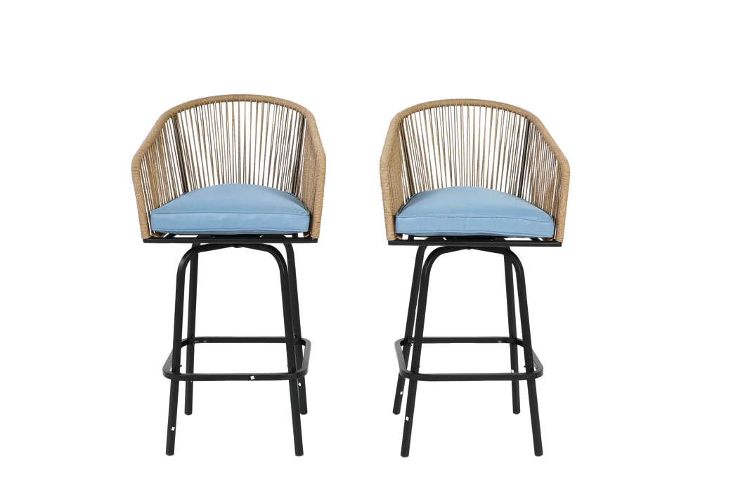 Outdoor Bar Stools Set of 2, 2-Piece Patio Bar Stools with Armrests, All Weather Rattan Bar Chairs with Backrest, Wicker Bar Stools for Backyard, Garden, Pool, Balcony and Deck-Blue Default -DTYStore