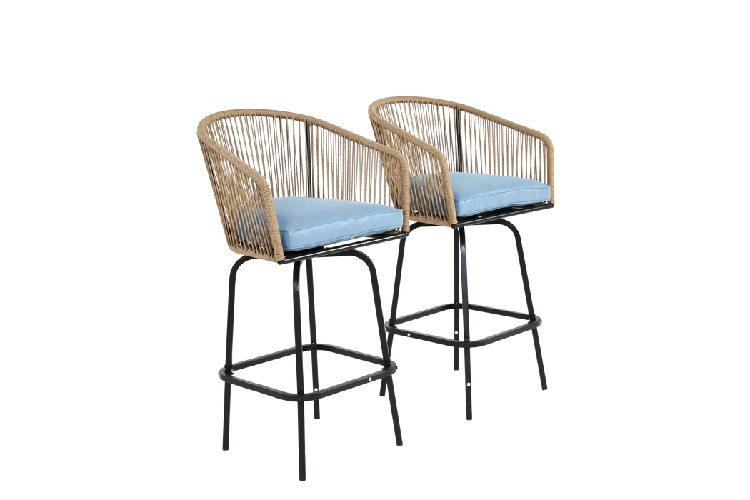 Outdoor Bar Stools Set of 2, 2-Piece Patio Bar Stools with Armrests, All Weather Rattan Bar Chairs with Backrest, Wicker Bar Stools for Backyard, Garden, Pool, Balcony and Deck-Blue Default -DTYStore