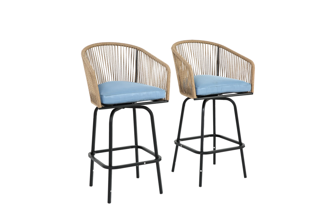 Outdoor Bar Stools Set of 2, 2-Piece Patio Bar Stools with Armrests, All Weather Rattan Bar Chairs with Backrest, Wicker Bar Stools for Backyard, Garden, Pool, Balcony and Deck-Blue Default -DTYStore