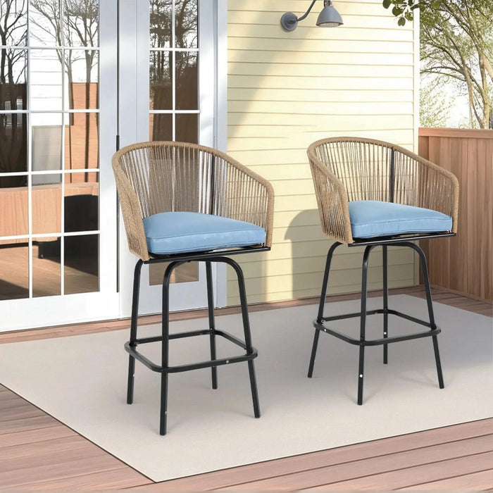 Outdoor Bar Stools Set of 2, 2-Piece Patio Bar Stools with Armrests, All Weather Rattan Bar Chairs with Backrest, Wicker Bar Stools for Backyard, Garden, Pool, Balcony and Deck-Blue Default -DTYStore