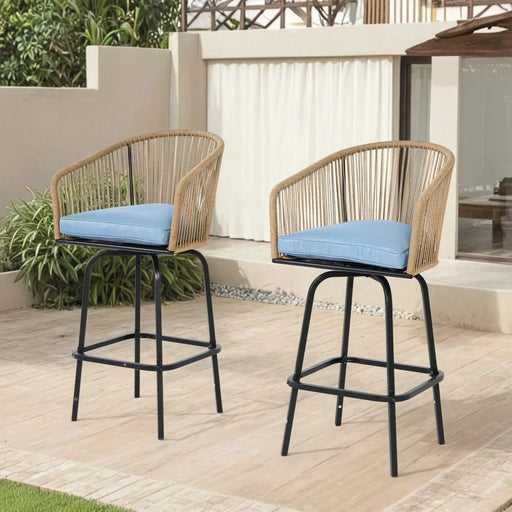 Outdoor Bar Stools Set of 2, 2-Piece Patio Bar Stools with Armrests, All Weather Rattan Bar Chairs with Backrest, Wicker Bar Stools for Backyard, Garden, Pool, Balcony and Deck-Blue Default -DTYStore