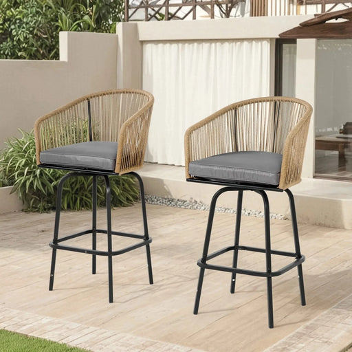 Outdoor Bar Stools Set of 2, 2-Piece Patio Bar Stools with Armrests, All Weather Rattan Bar Chairs with Backrest, Wicker Bar Stools for Backyard, Garden, Pool, Balcony and Deck- Gery Default -DTYStore