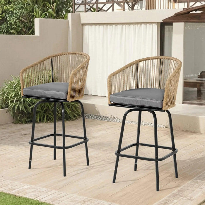 Outdoor Bar Stools Set of 2, 2-Piece Patio Bar Stools with Armrests, All Weather Rattan Bar Chairs with Backrest, Wicker Bar Stools for Backyard, Garden, Pool, Balcony and Deck- Gery Default -DTYStore