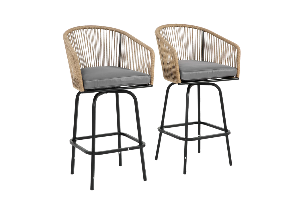 Outdoor Bar Stools Set of 2, 2-Piece Patio Bar Stools with Armrests, All Weather Rattan Bar Chairs with Backrest, Wicker Bar Stools for Backyard, Garden, Pool, Balcony and Deck- Gery Default -DTYStore
