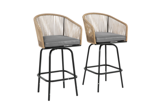 Outdoor Bar Stools Set of 2, 2-Piece Patio Bar Stools with Armrests, All Weather Rattan Bar Chairs with Backrest, Wicker Bar Stools for Backyard, Garden, Pool, Balcony and Deck- Gery Default -DTYStore