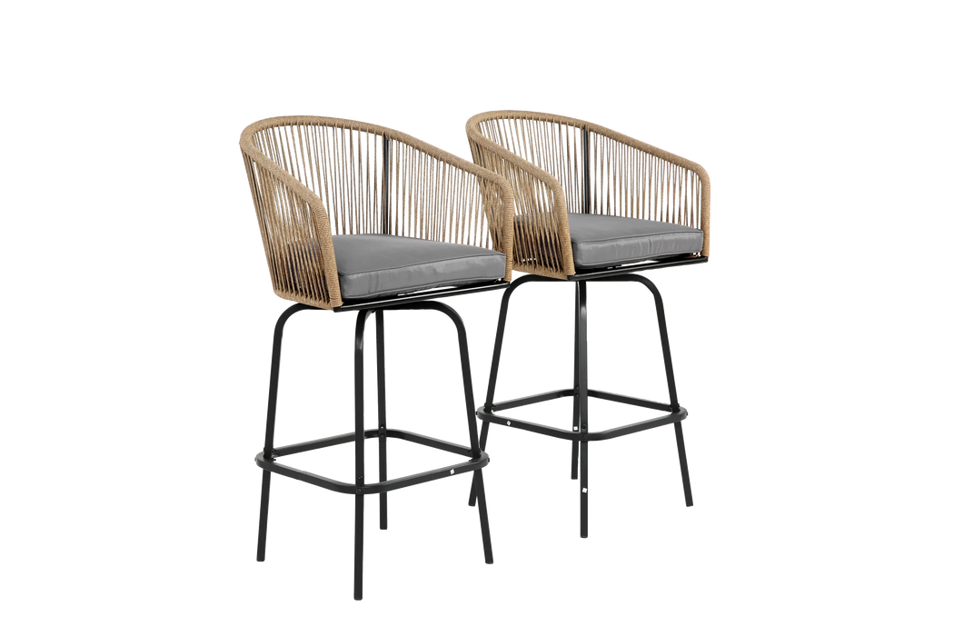 Outdoor Bar Stools Set of 2, 2-Piece Patio Bar Stools with Armrests, All Weather Rattan Bar Chairs with Backrest, Wicker Bar Stools for Backyard, Garden, Pool, Balcony and Deck- Gery Default -DTYStore