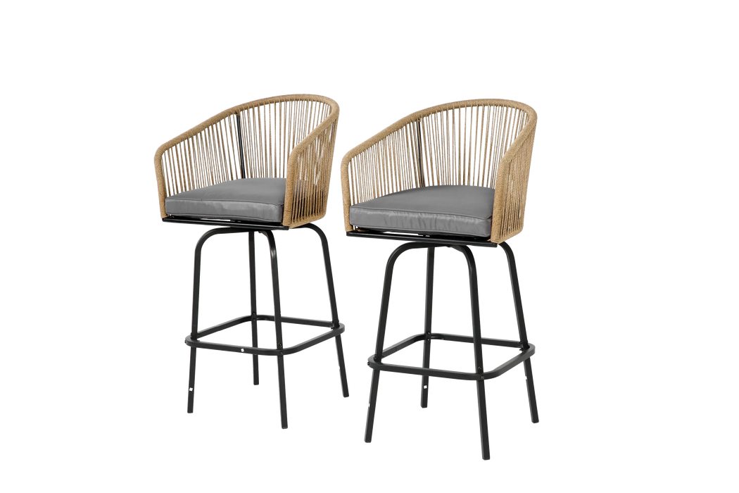 Outdoor Bar Stools Set of 2, 2-Piece Patio Bar Stools with Armrests, All Weather Rattan Bar Chairs with Backrest, Wicker Bar Stools for Backyard, Garden, Pool, Balcony and Deck- Gery Default -DTYStore