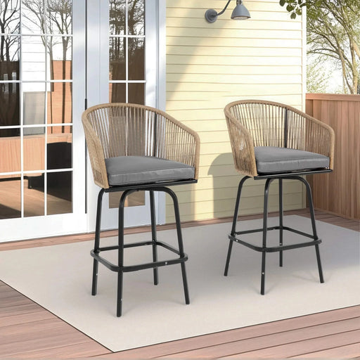 Outdoor Bar Stools Set of 2, 2-Piece Patio Bar Stools with Armrests, All Weather Rattan Bar Chairs with Backrest, Wicker Bar Stools for Backyard, Garden, Pool, Balcony and Deck- Gery Default -DTYStore
