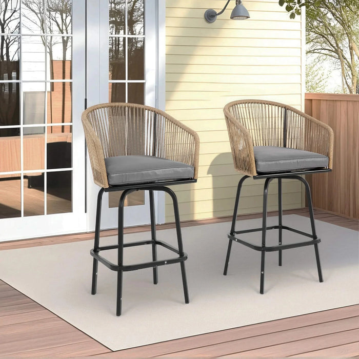 Outdoor Bar Stools Set of 2, 2-Piece Patio Bar Stools with Armrests, All Weather Rattan Bar Chairs with Backrest, Wicker Bar Stools for Backyard, Garden, Pool, Balcony and Deck- Gery Default -DTYStore