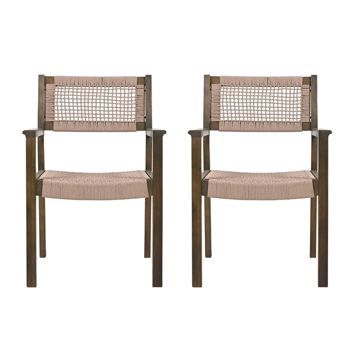 Outdoor Dining Chair Set of 2, Patio Chairs, Grey Acacia Wood, Light Brown Rope Default -DTYStore