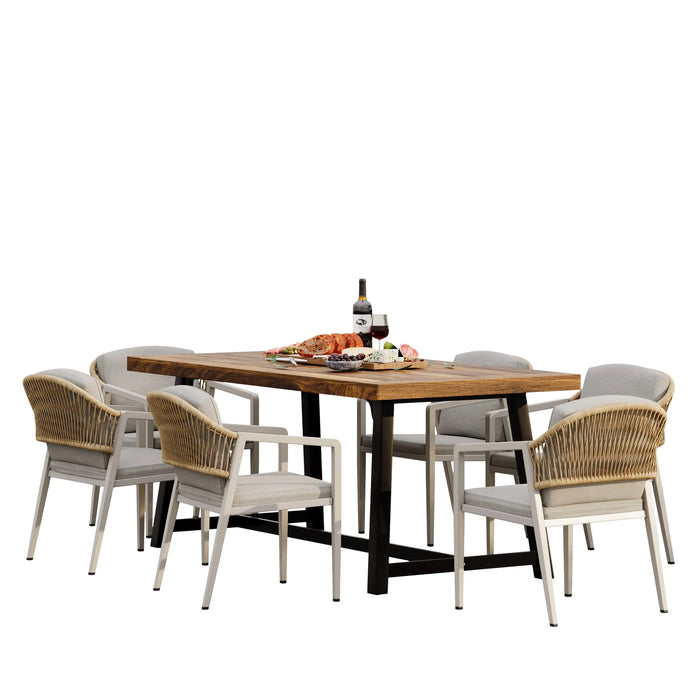 Outdoor Dining Set - Acacia Wood Table with 6 Gray and Natural PE Rattan Iron Chairs Default -DTYStore