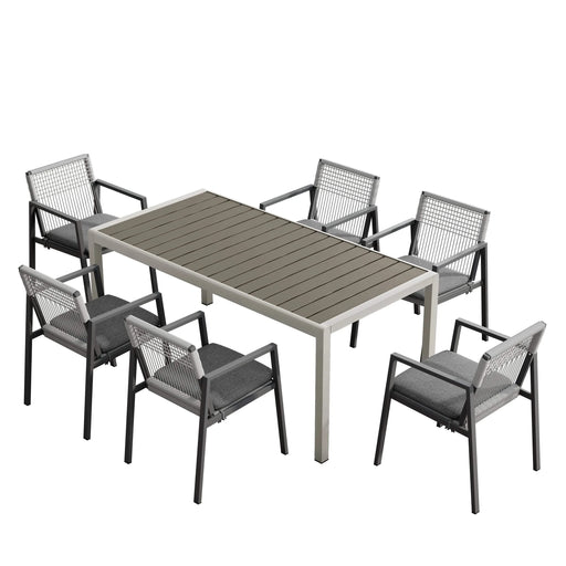 Outdoor Dining Set, Aluminum Dining Chair Set of 6 with Rope+Aluminum Dining Table with Faux Wood Top, Gray+Black Default -DTYStore