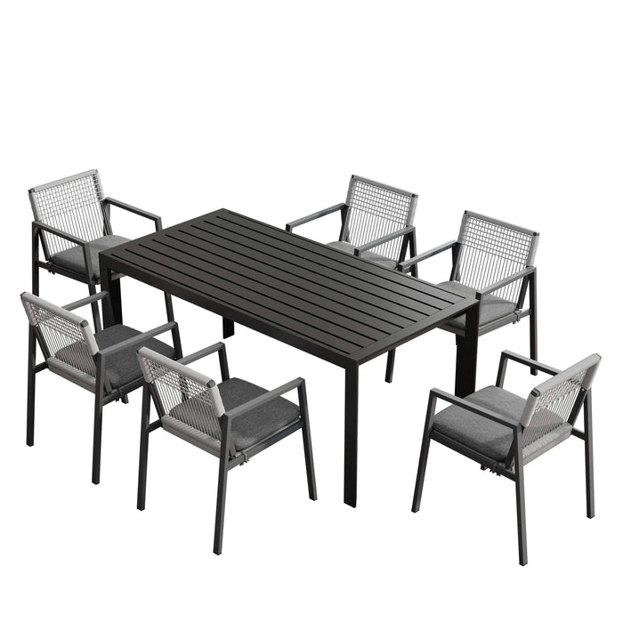 Outdoor Dining Set, Aluminum Dining Chair Set of 6 with Rope + Aluminum Dining Table, Gray+Black Default -DTYStore