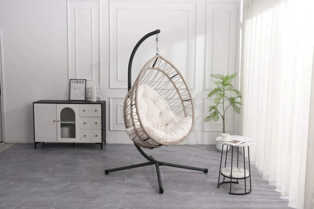 Outdoor Egg-shaped Hanging Chair with Stand, Patio Egg-shaped Swing Chair, Indoor Rocking Chair, Outdoor Hammock Egg-shaped Chair, Beige Default -DTYStore